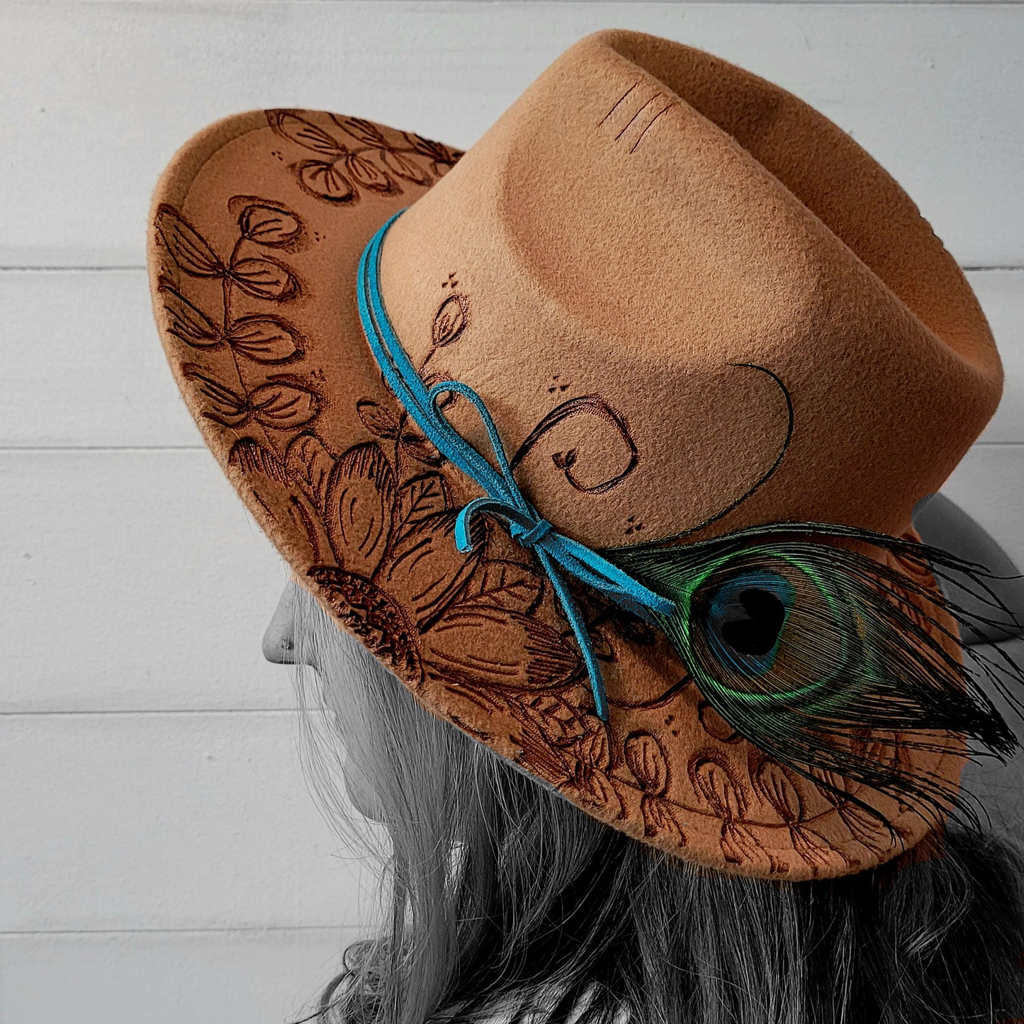 Hand Burned Hat: Sunflowers w/Feather