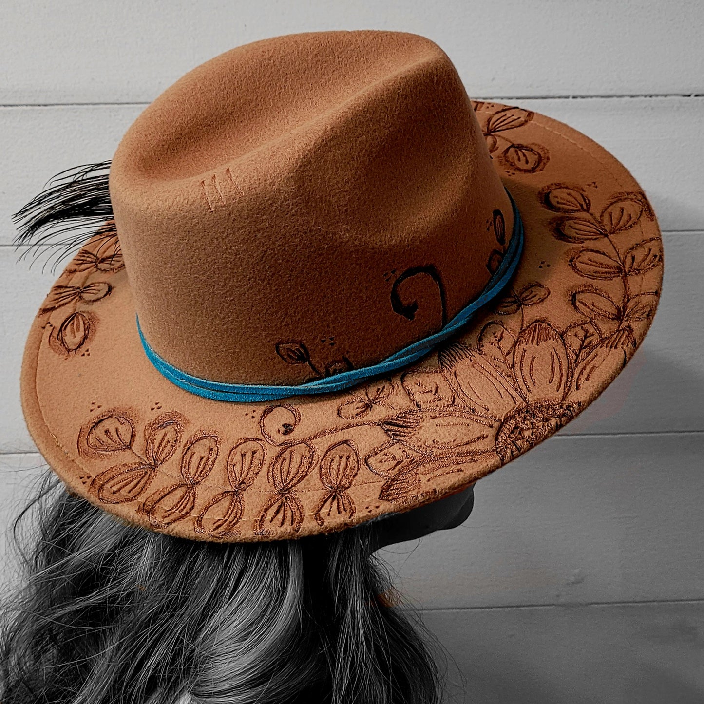 Hand Burned Hat: Sunflowers w/Feather