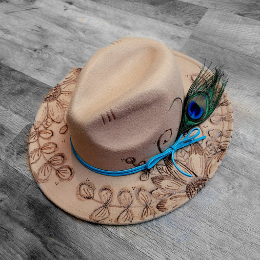 Hand Burned Hat: Sunflowers w/Feather
