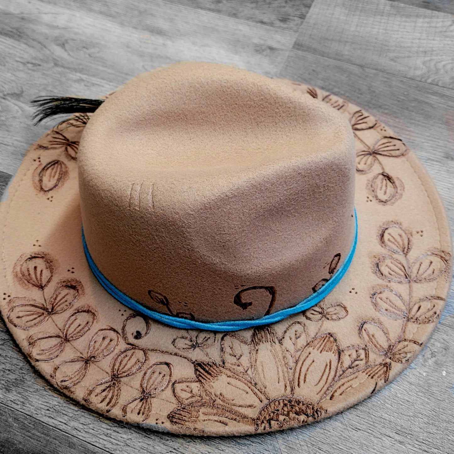 Hand Burned Hat: Sunflowers w/Feather
