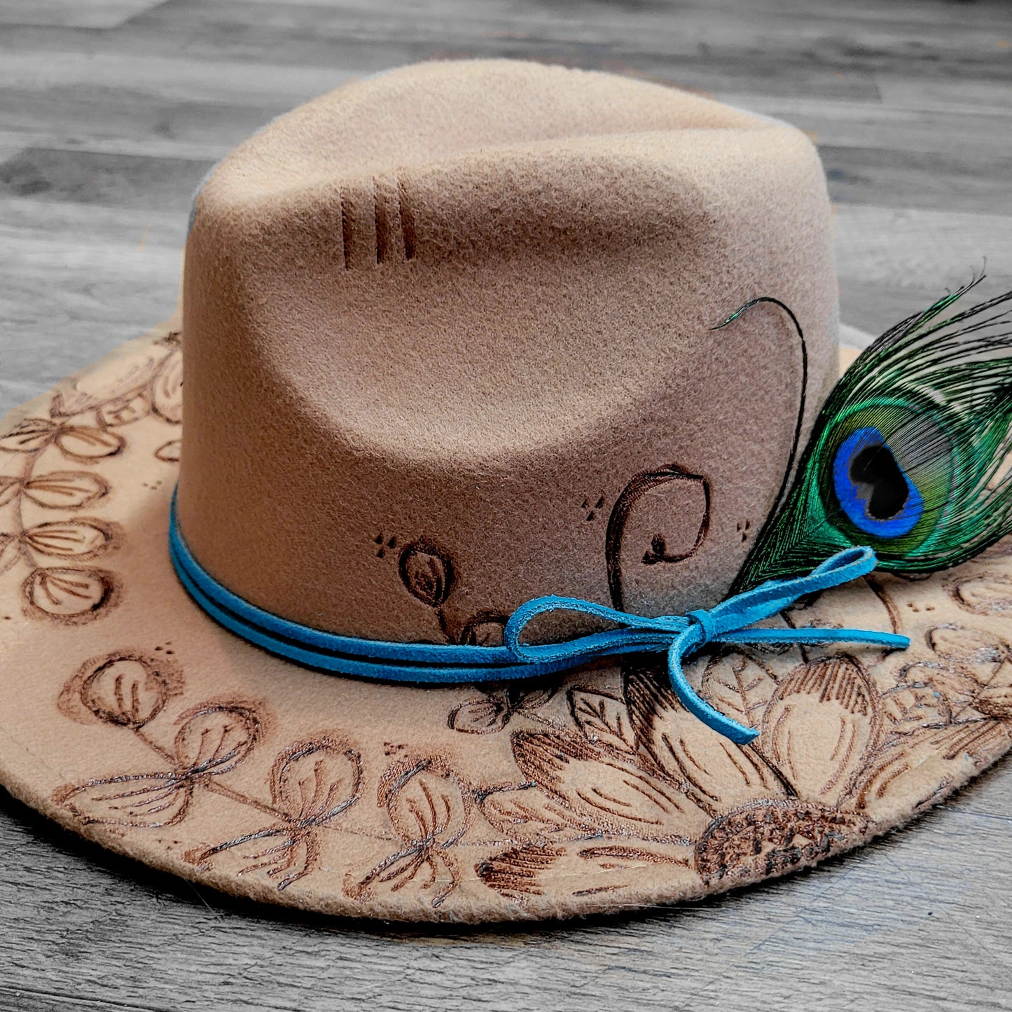 Hand Burned Hat: Sunflowers w/Feather