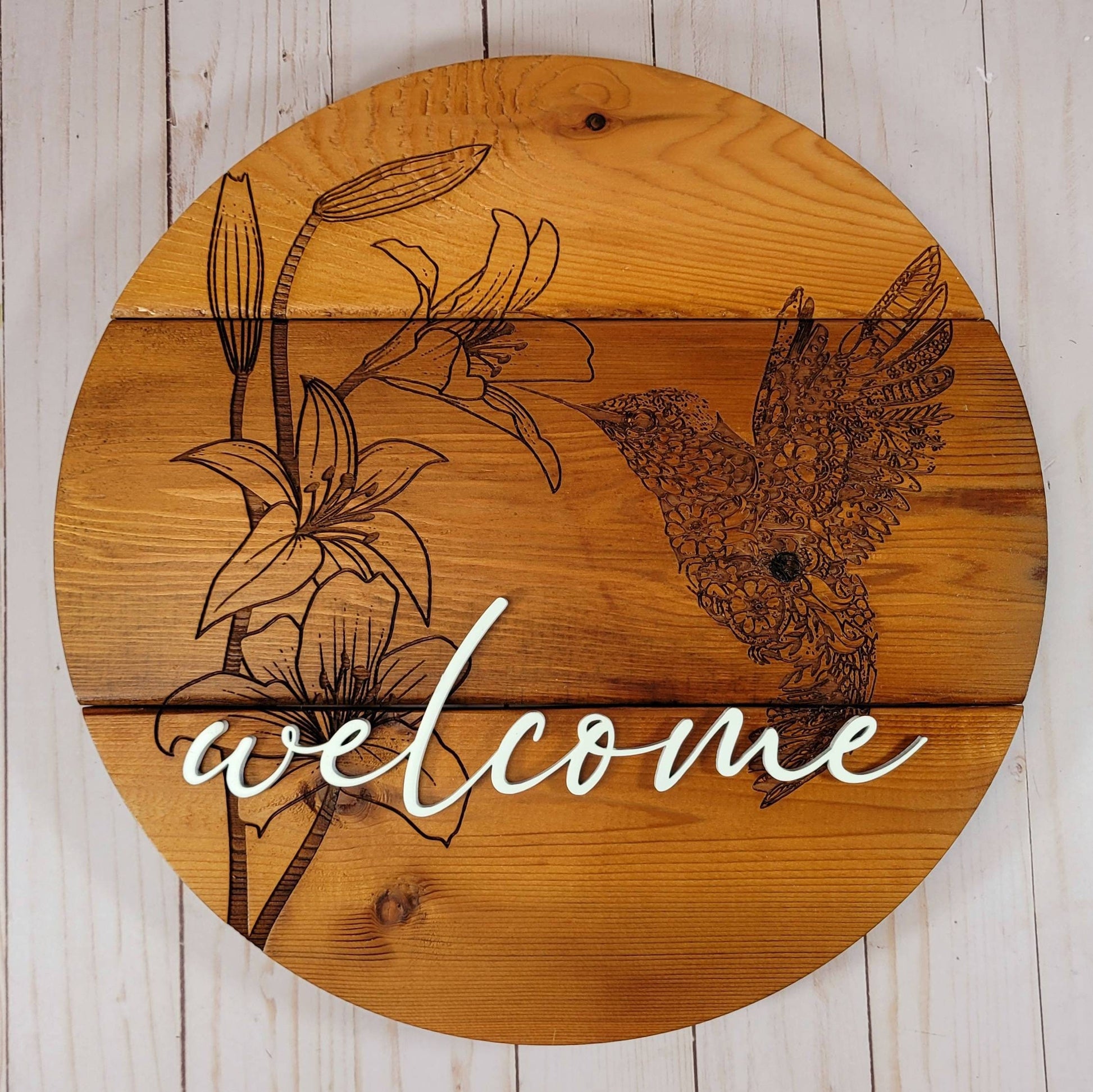 Custom wood hummingbird mandala sign – personalized cedar door décor handmade by Rachel’s Crafty Corner