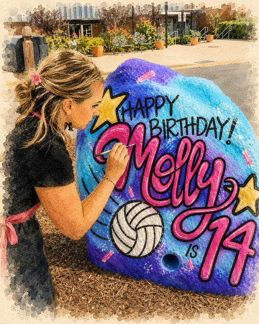 Rachel painting a Spirit Rock for a birthday