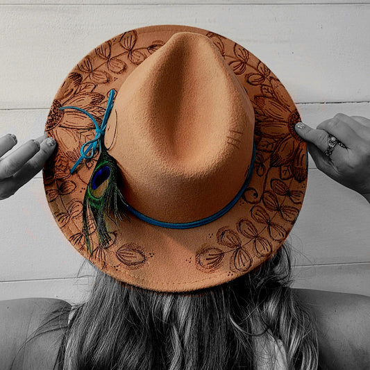 Hand Burned Hat: Sunflowers w/Feather