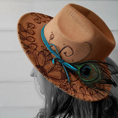 Hand Burned Hat: Sunflowers w/Feather