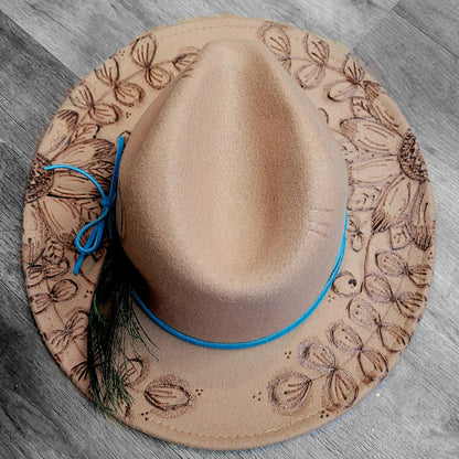 Hand Burned Hat: Sunflowers w/Feather