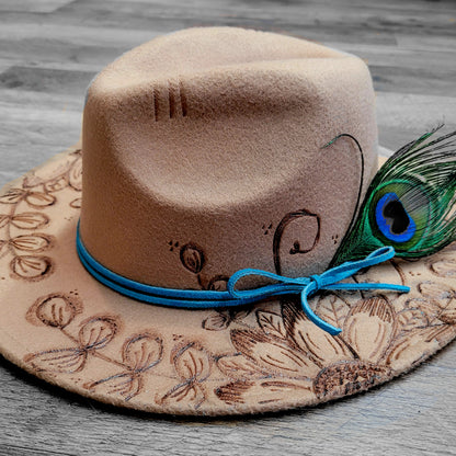 Hand Burned Hat: Sunflowers w/Feather