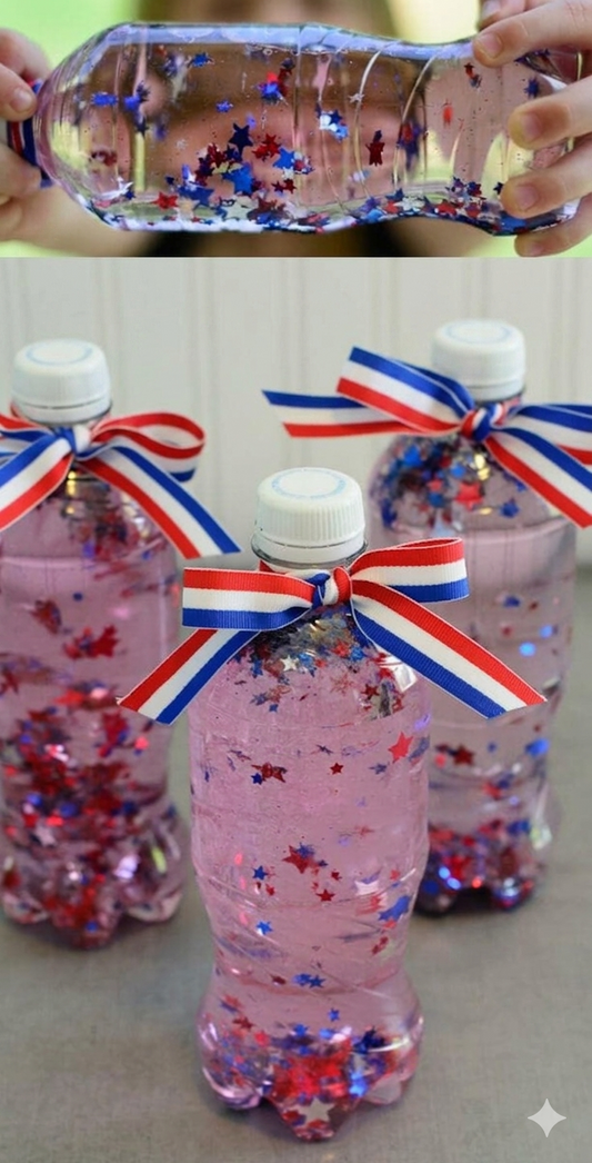 Decorative water bottles with red, white, and blue ribbons and confetti.