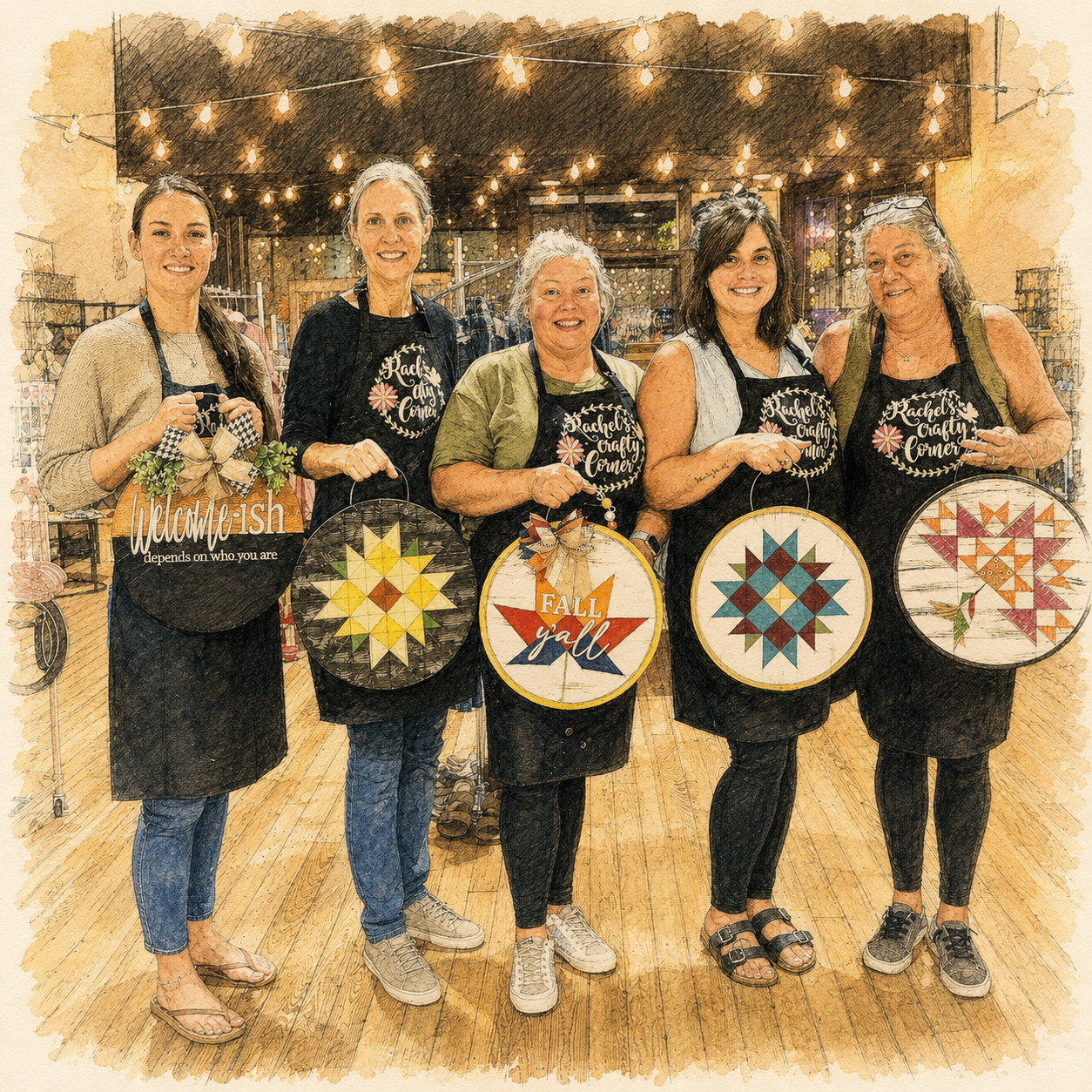 Group of women holding up their finished projects