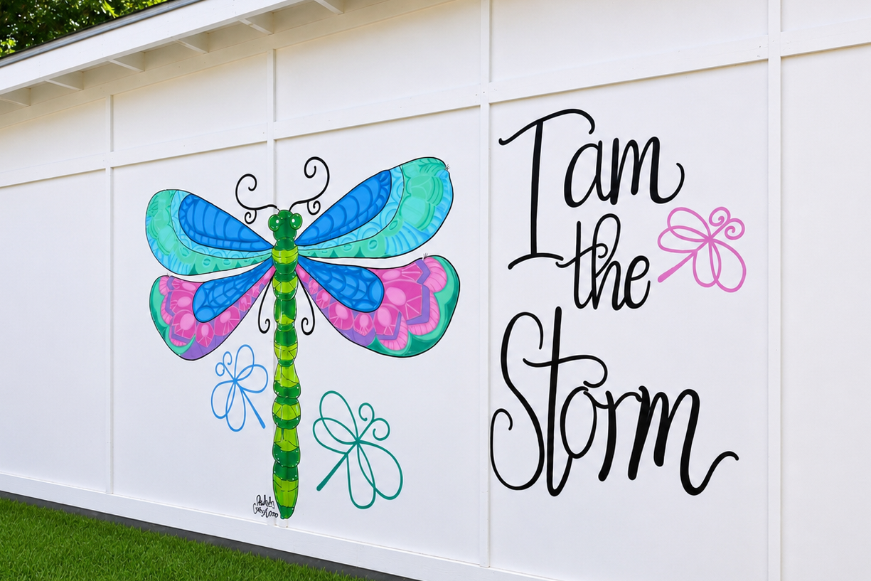Colorful dragonfly and text 'I am the storm' on a white wall with green grass and trees.