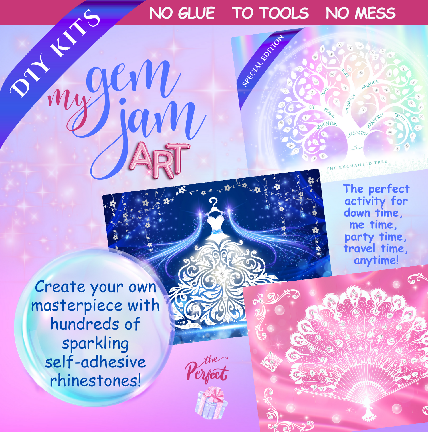 My Gem Jam Art DIY kits with hundreds of sparkling rhinestones. The best do-it-yourself activity for down time, me time, party time, travel time, anytime. No Glue No Tools No Mess