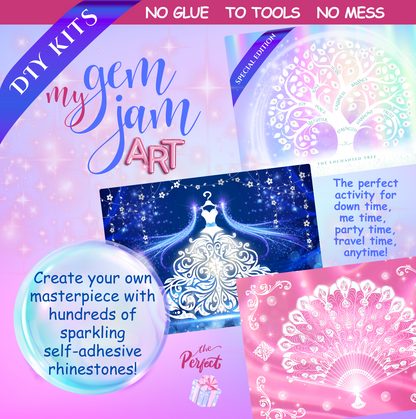 My Gem Jam Art DIY kits with hundreds of sparkling rhinestones. The best do-it-yourself activity for down time, me time, party time, travel time, anytime. No Glue No Tools No Mess