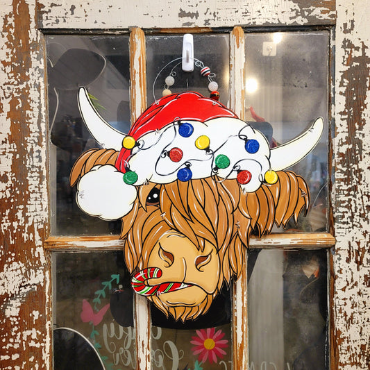 Door Hanger: Christmas Highland Cow