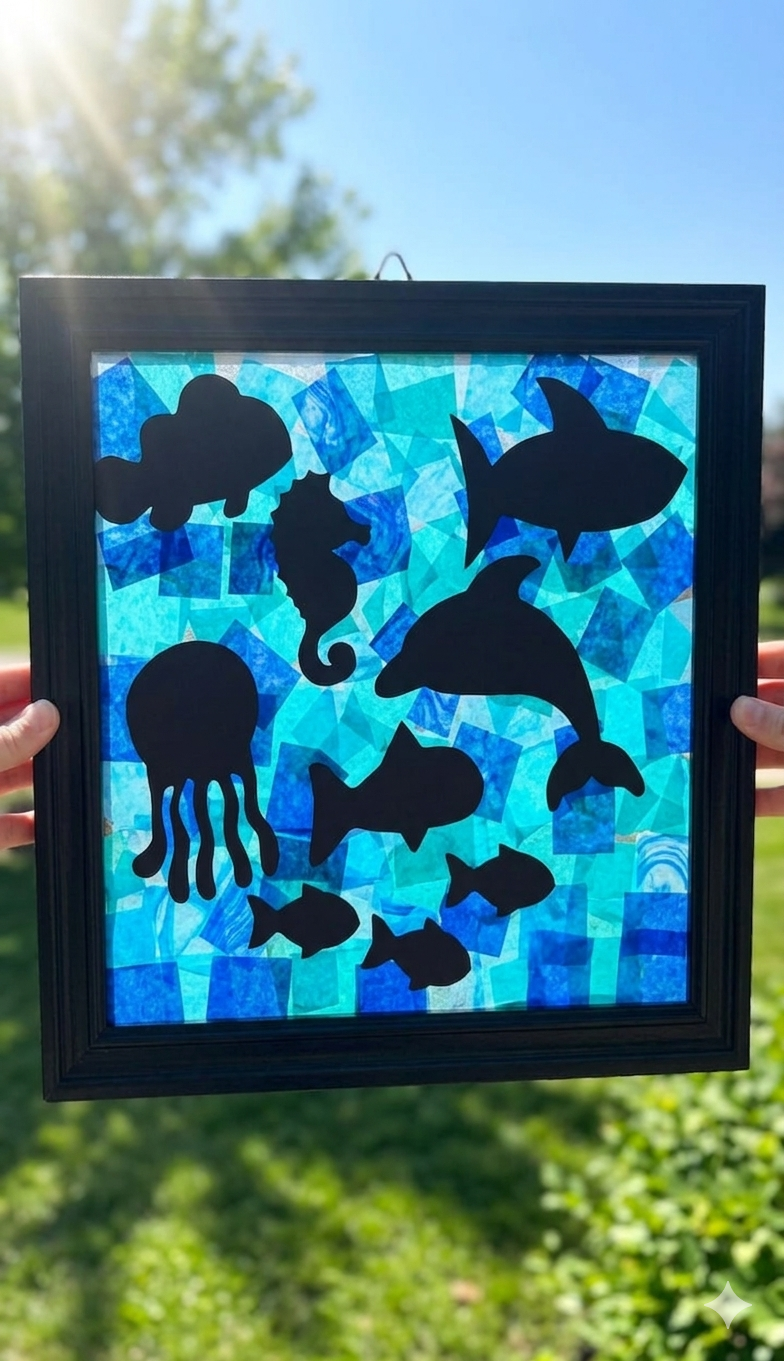 Framed stained glass artwork with black silhouettes of sea creatures on a blue background.