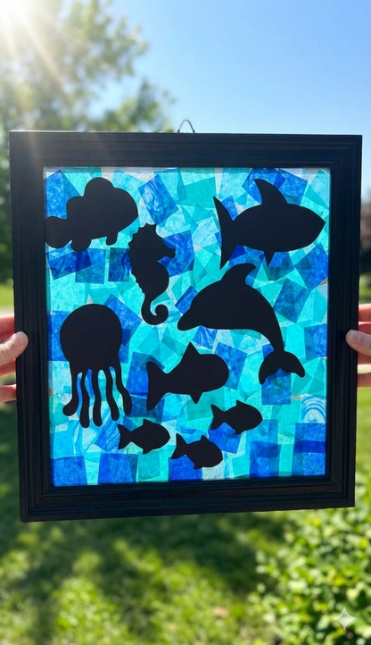 Framed stained glass artwork with black silhouettes of sea creatures on a blue background.
