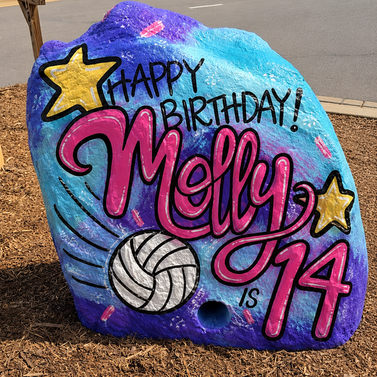Decorative painting with 'Happy Birthday and custom design on a Spirit Rock