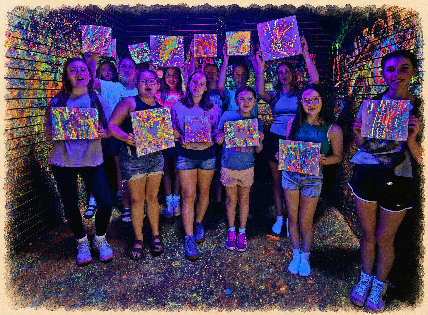Group of people holding up colorful paintings in a dark setting