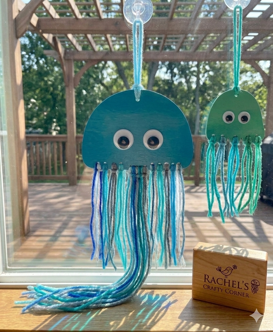 Two jellyfish-shaped decorations with string tails on a wooden surface, with 'Rachel's Crafty Corner' sign in the background.