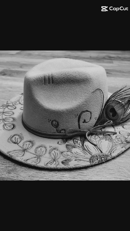 Hand Burned Hat: Sunflowers w/Feather