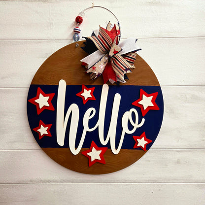 Hello Door Hanger Woodgrain with Red White and Blue accents