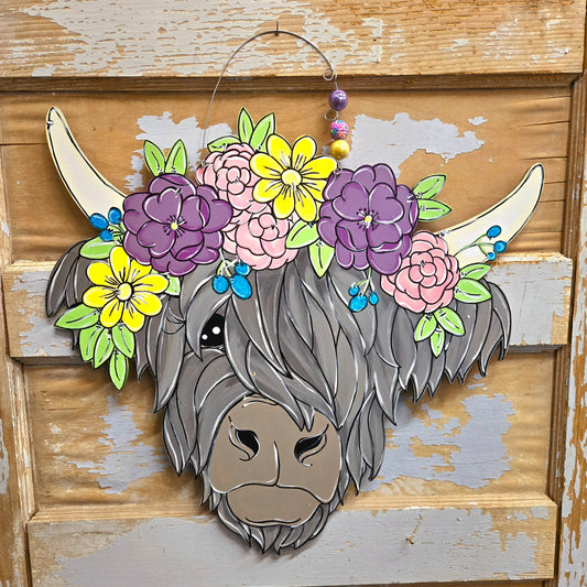 Door Hanger: Spring Floral Highland Cow