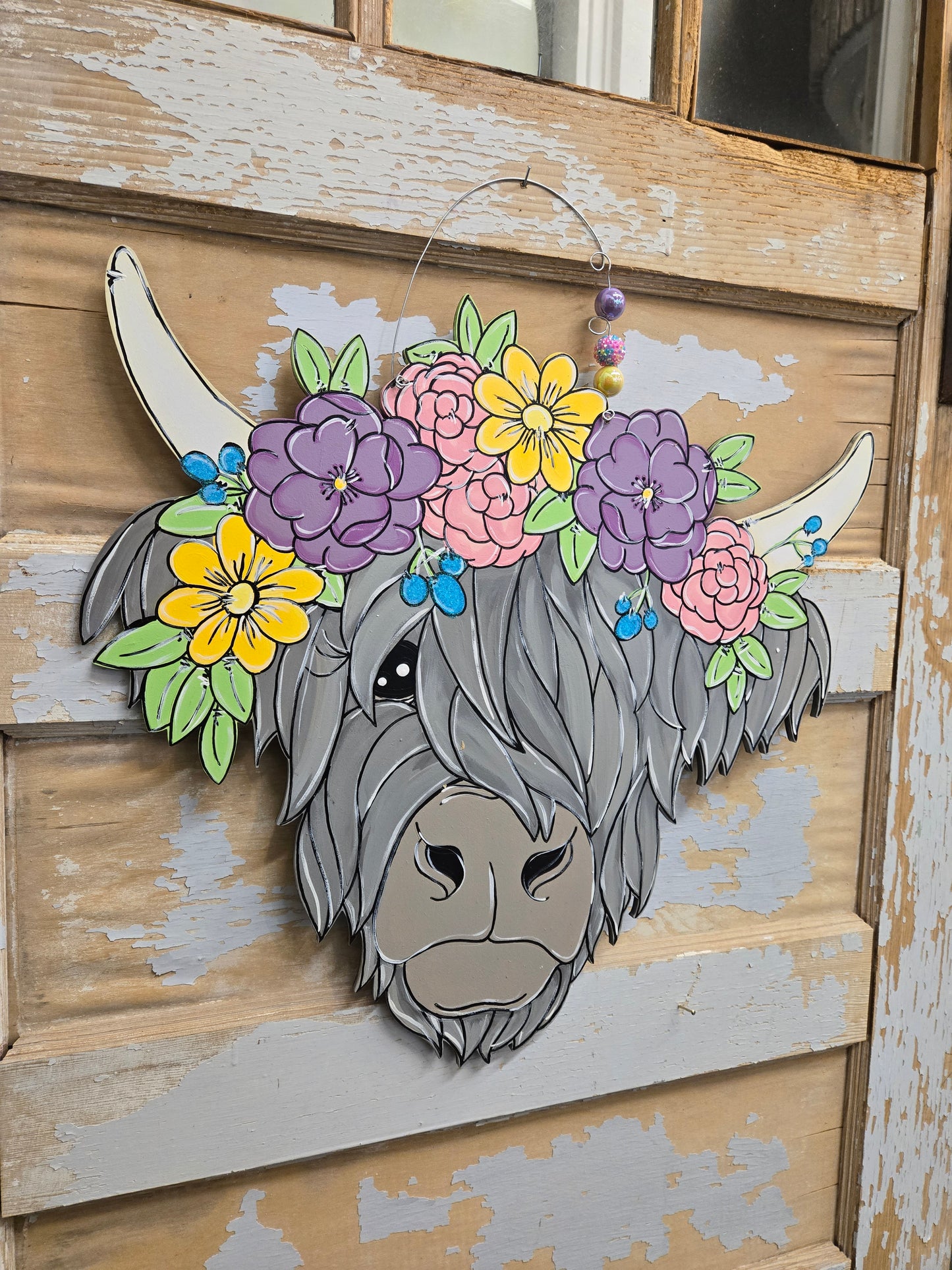 Door Hanger: Spring Floral Highland Cow